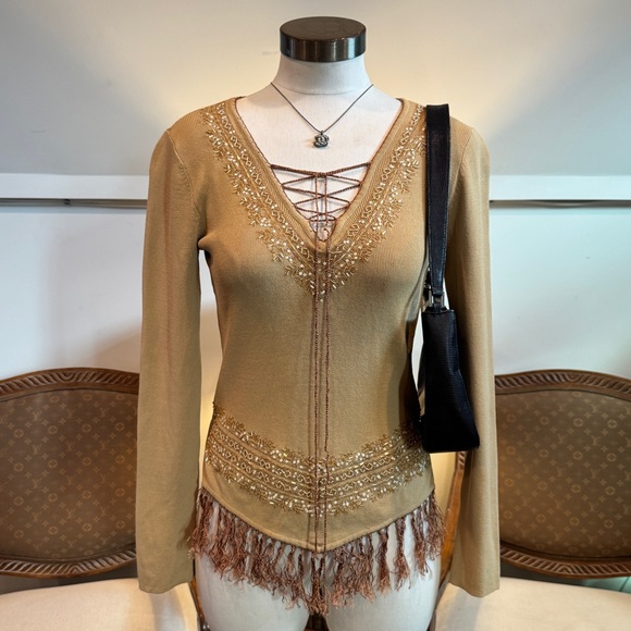 Vintage Tops - Vintage 90s Y2K Brown Tan Boho Fairy Top with Fringe and Beaded Sequin Details